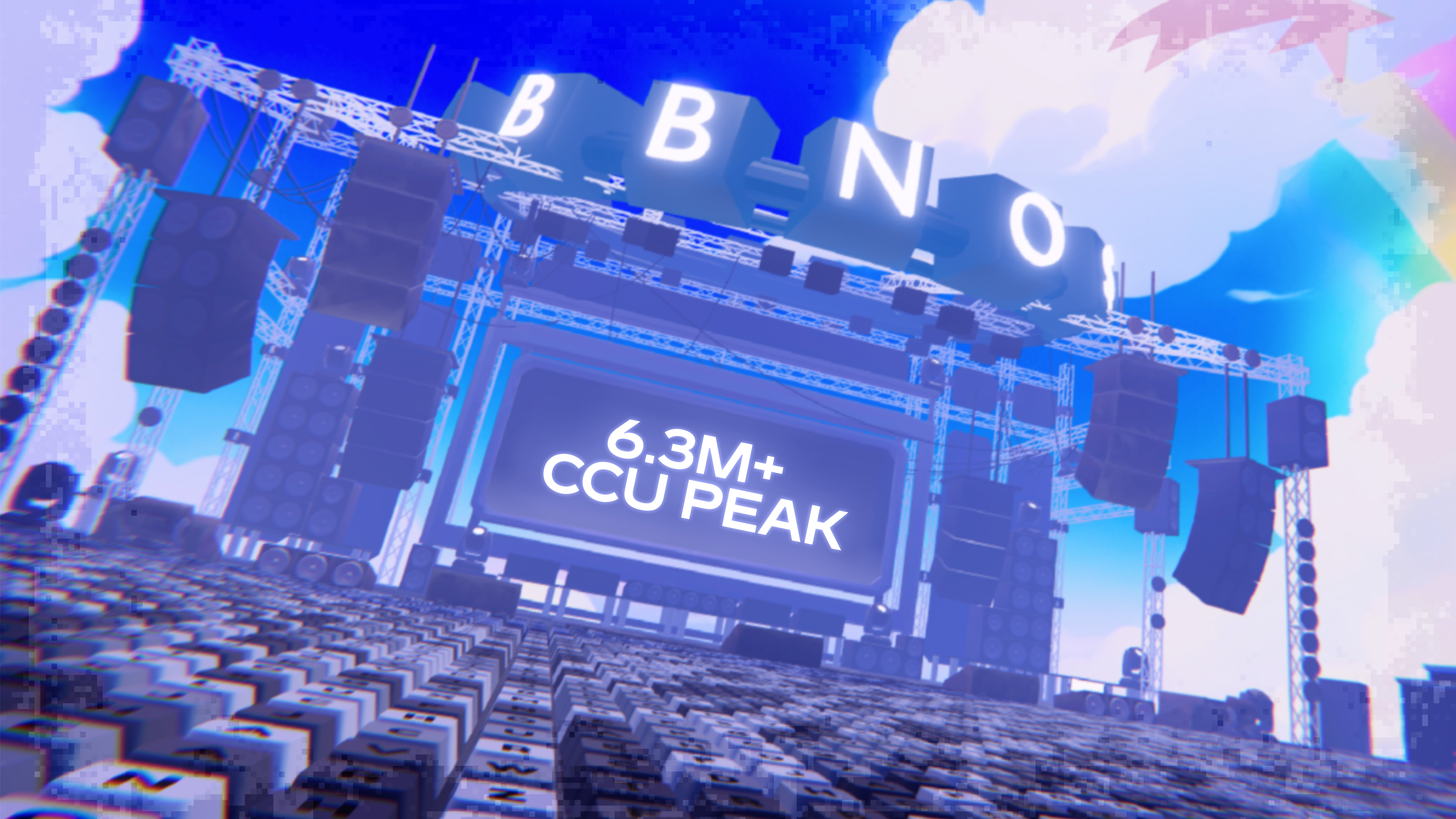 The concert stage, with a screen reading 6.3M+ CCU peak
